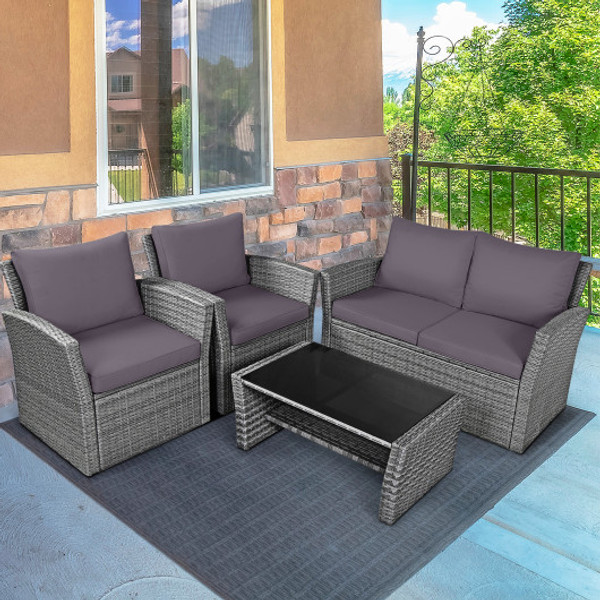 4 Pieces Patio Rattan Furniture Set Sofa Table With Storage Shelf Cushion Gray Hw67841Agr By Cw