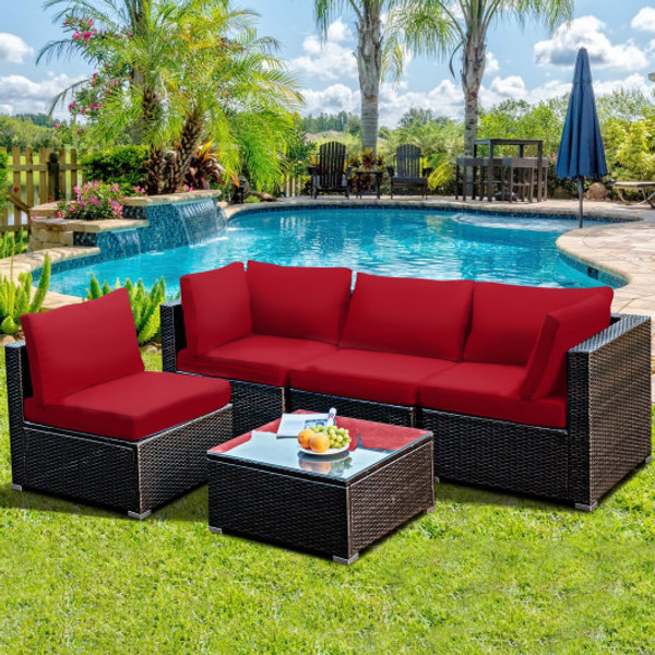 5 Pieces Cushioned Patio Rattan Furniture Set With Glass Table Red Hw68691Are By Cw