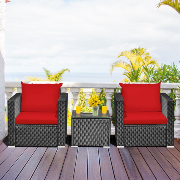3 Pieces Patio Wicker Conversation Set With Cushion Red Hw66529Re By Cw
