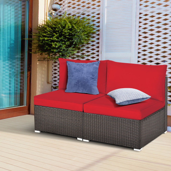 2 Pieces Patio Rattan Armless Sofa Set With 2 Cushions And 2 Pillows Red Hw68687Re By Cw