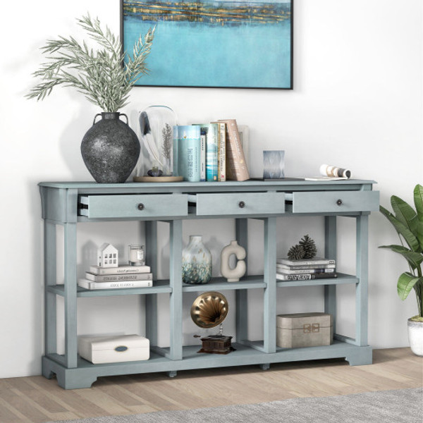 58 Inch Retro Console Table With 3 Drawers And Open Shelves Rectangular Entryway Table Blue Jv11261Bl By Cw