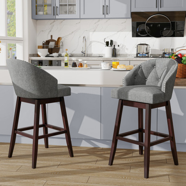 Set Of 2 Swivel Bar Stools With Rubber Wood Legs And Padded Back Gray Jv10541Gr By Cw
