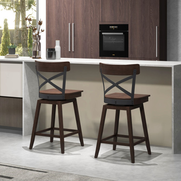Set Of 2 Wooden Swivel Bar Stools With Open X Back And Footrest 24 Inches Jv10776Es 24 By Cw