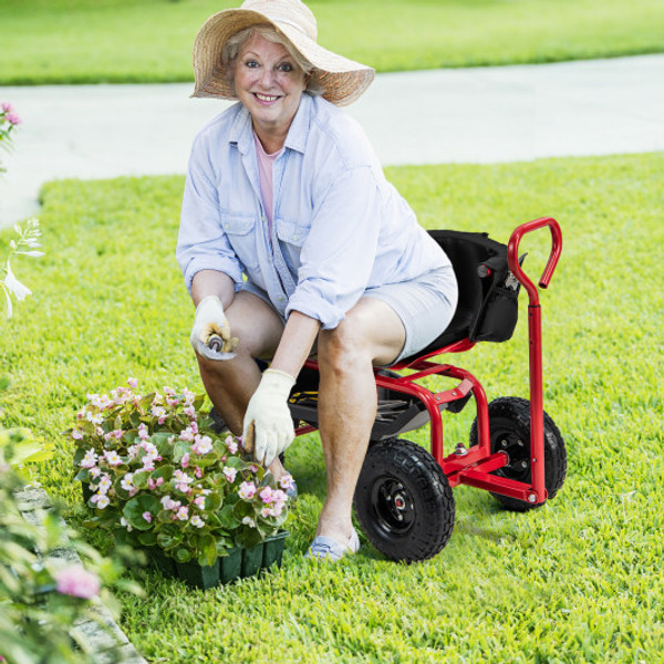 Cushioned Rolling Garden Cart Scooter With Storage Basket And Tool Pouch Black Red Gt4030Re By Cw