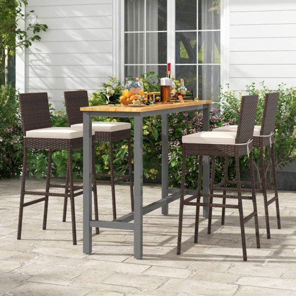 Set Of 4 Patio Wicker Barstools With Seat Cushion And Footrest Set Of 4 Hw70817 4 By Cw