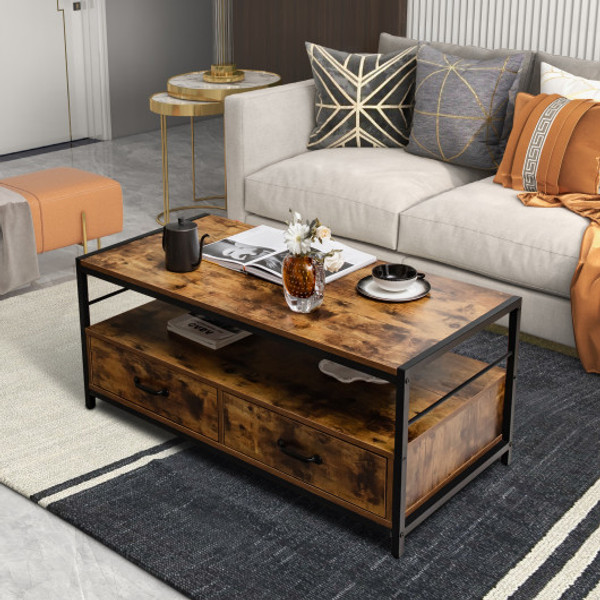 Coffee Table With 2 Drawers And Open Shelf For Living Room Rustic Brown Hv10114Cf By Cw