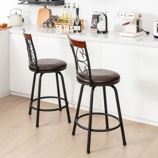 2 Pieces 24 30 Inch Adjustable Pu Cushioned Swivel Barstools Brown Jv10864Dk 2 By Cw