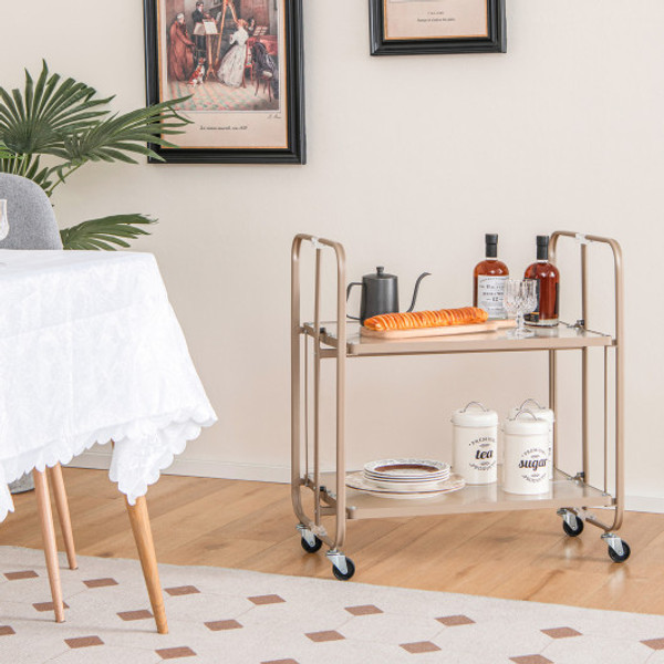 2 Tier Mobile Serving Cart With Tempered Glass Shelf Golden Kc55498Gd By Cw