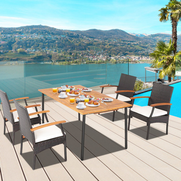 5 Pieces Patio Wicker Cushioned Dining Set With Wood Armrest And Umbrella Hole Hw70831 4 Kc55629 By Cw