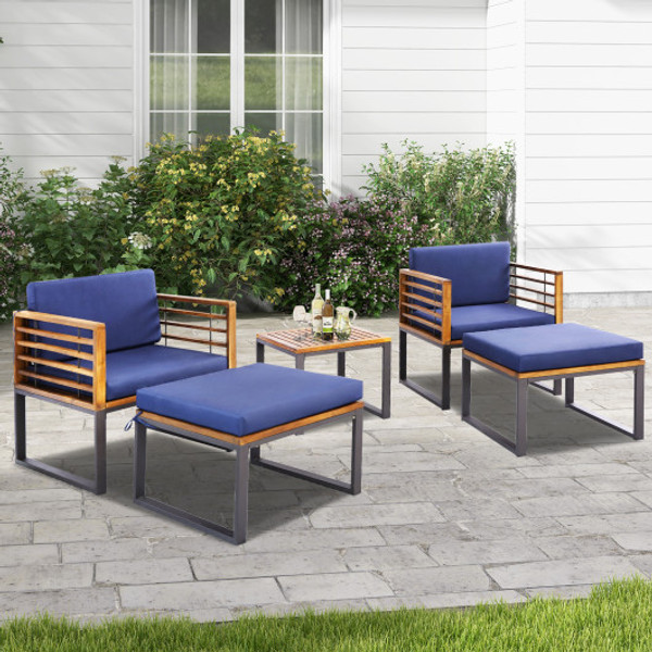 5 Piece Patio Acacia Wood Chair Set With Ottomans And Coffee Table Navy Hw70980Ny By Cw