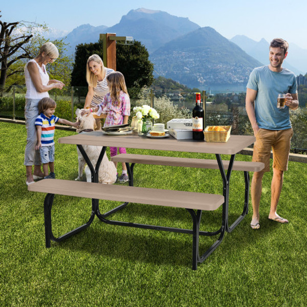 Hdpe Outdoor Picnic Table Bench Set With Metal Base Coffee Op3499Cf By Cw
