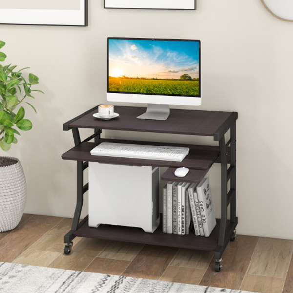 Mobile Computer Desk With Keyboard Tray Mouse Tray And Shelf Dark Brown Cb10497Bn By Cw