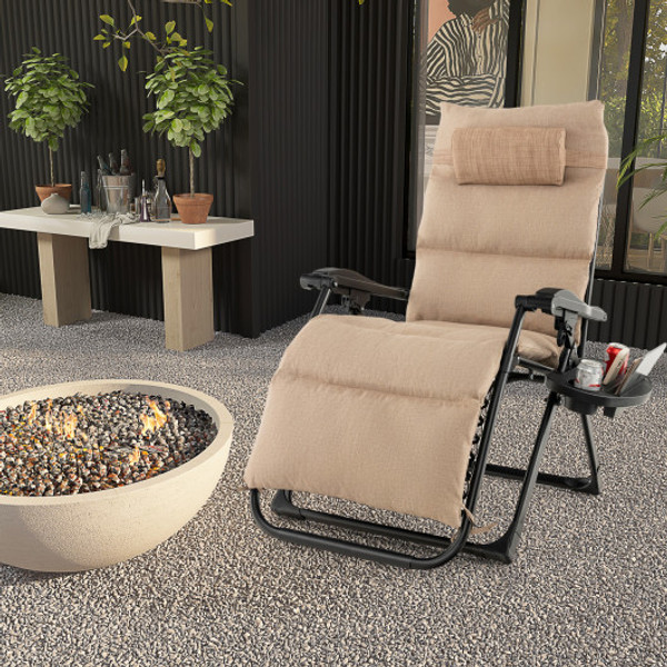 Adjustable Metal Zero Gravity Lounge Chair With Removable Cushion And Cup Holder Tray Beige Np11134Ms By Cw