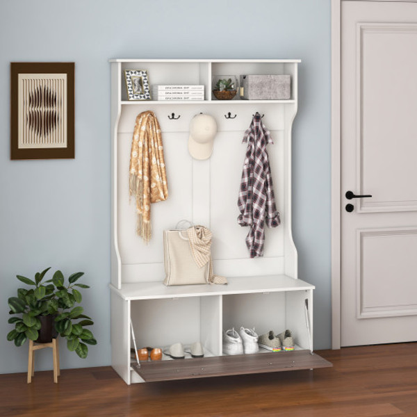 3 In 1 Coat Rack With Entryway Bench And Hooks And Enclosed Cabinet White Hu10448Wh By Cw