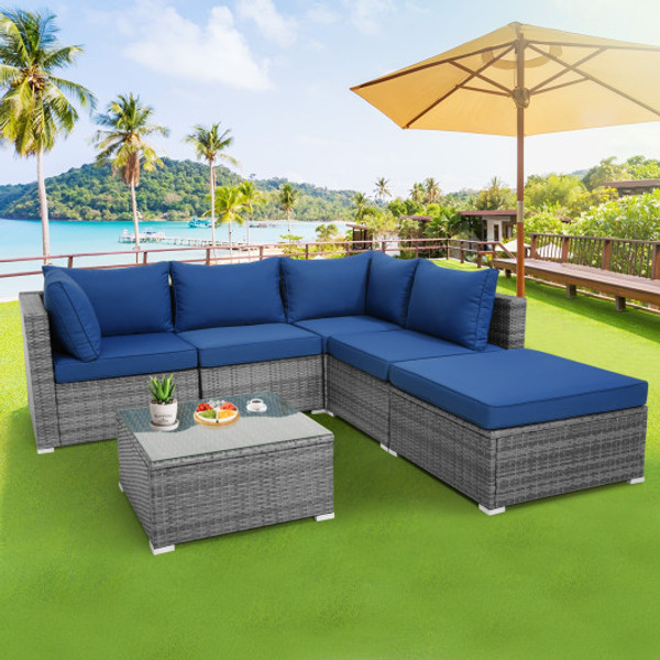 6 Pieces Outdoor Rattan Sofa Set With Seat And Back Cushions Navy Hw71182Ny By Cw
