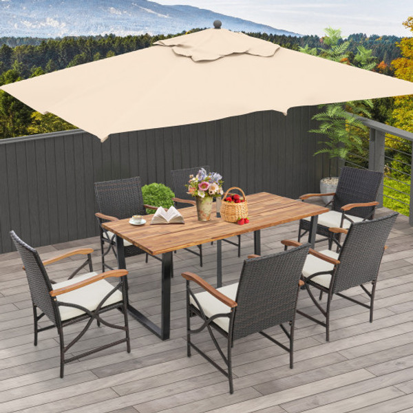 Acacia Wood Table And 6 Wicker Chairs With Umbrella Hole X Side Handrail Hw70832 2 Hw70832 4 Hw70840 By Cw
