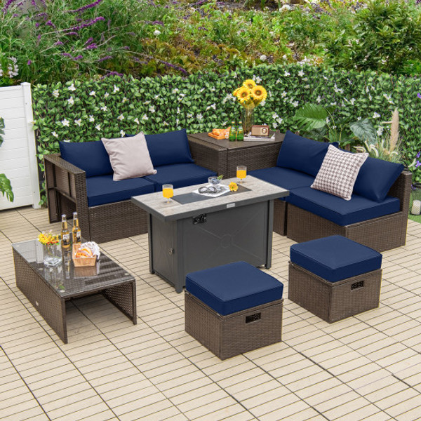9 Pieces Outdoor Patio Furniture Set With 42 Inch Propane Fire Pit Table Navy Op70369 Hw68592Ny By Cw