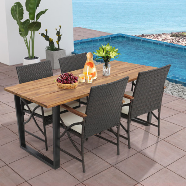 5 Pieces Patio Rattan Dining Set With Acacia Wood Tabletop And Armrests Hw70832 4 Hw70840 By Cw