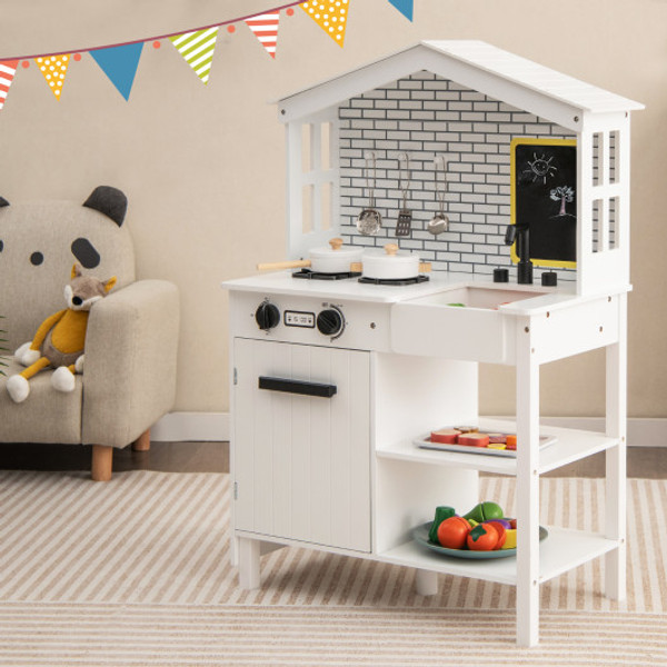 Kids Wooden Kitchen Play Set With Storage Shelves And Accessories White Tp10138Wh By Cw