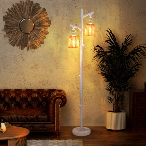 2 Light Tree Trunk Lamps With Wicker Shade White Eu10103Us Wh By Cw