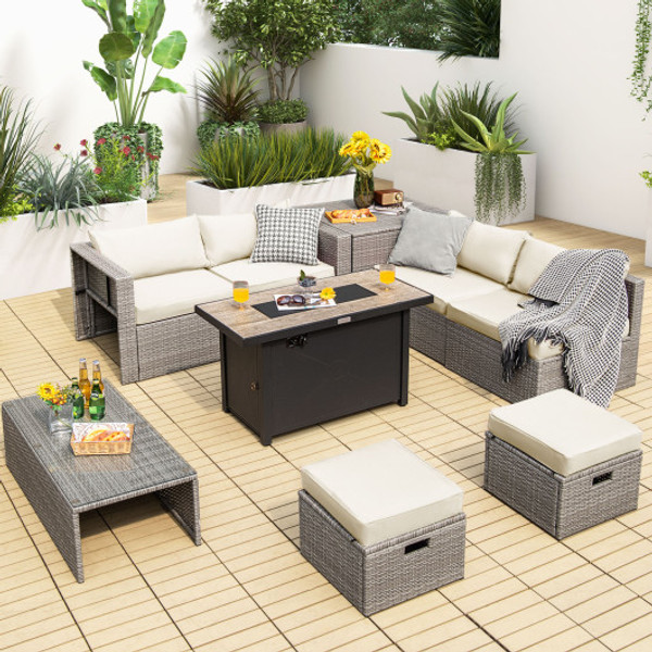 9 Pieces Patio Furniture Set With 42 Inches 60000 Btu Fire Pit White Op70369 Hw68604Wh By Cw