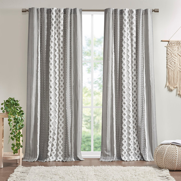Olliix Imani Cotton Printed Curtain Panel With Chenille Stripe And Lining Ii40 1293