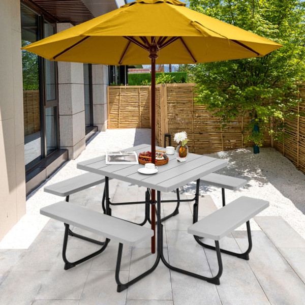 Outdoor Picnic Table With 4 Benches And Umbrella Hole Gray Np11265Gr By Cw