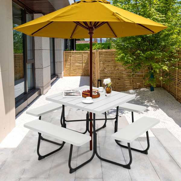 Outdoor Picnic Table With 4 Benches And Umbrella Hole White Np11265Wh By Cw
