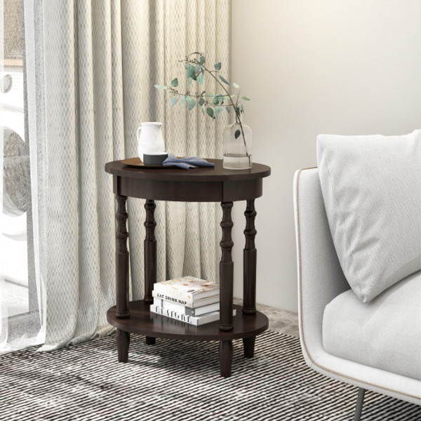 2 Tier Oval Side Table With Storage Shelf And Solid Wood Legs Espresso Jv11157Es By Cw