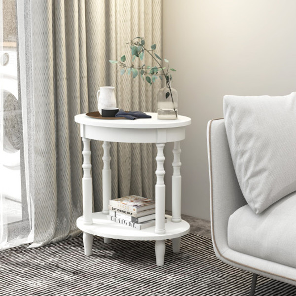 2 Tier Oval Side Table With Storage Shelf And Solid Wood Legs White Jv11157Wh By Cw