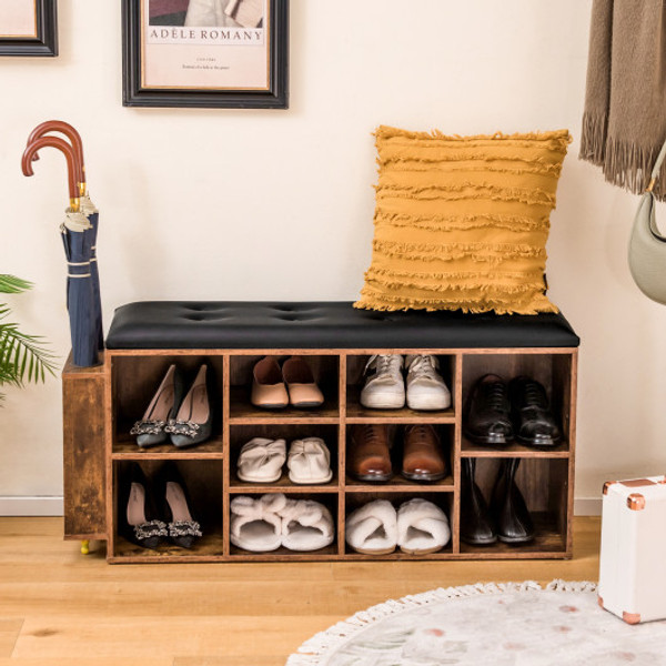 Shoe Storage Bench With Umbrella Stand And Adjustable Shelf Rustic Brown Jv10876Cf By Cw