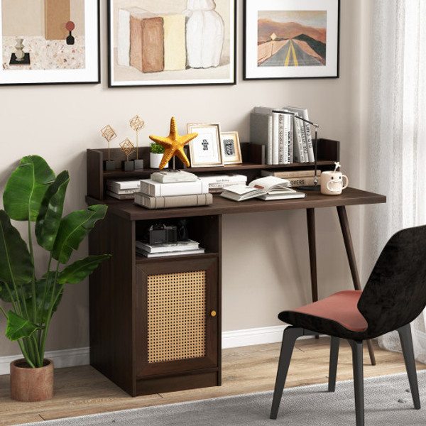 48 Inch Computer Desk With Hutch And Pe Rattan Cabinet Shelves Walnut Cb10562Cf By Cw