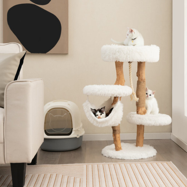 Solid Wood Cat Tower With Jute Scratching Posts And Hanging Rope For Indoor Cats Pv10100Wh By Cw