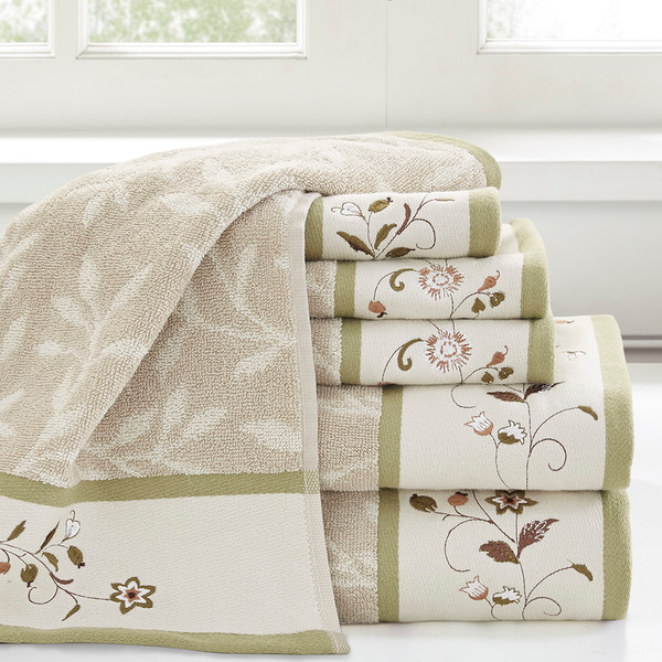 Olliix Serene Embroidered Cotton Jacquard 6 Piece Towel Set Mp73 7907