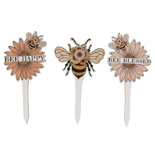 3 Set Bee Flower Wooden Plant Stake G38450 By Cwi Gifts