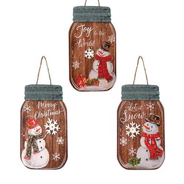 Wooden Snowman Mason Jar Ornament With Led Light 3 Assorted Gsun2604 By Cwi Gifts