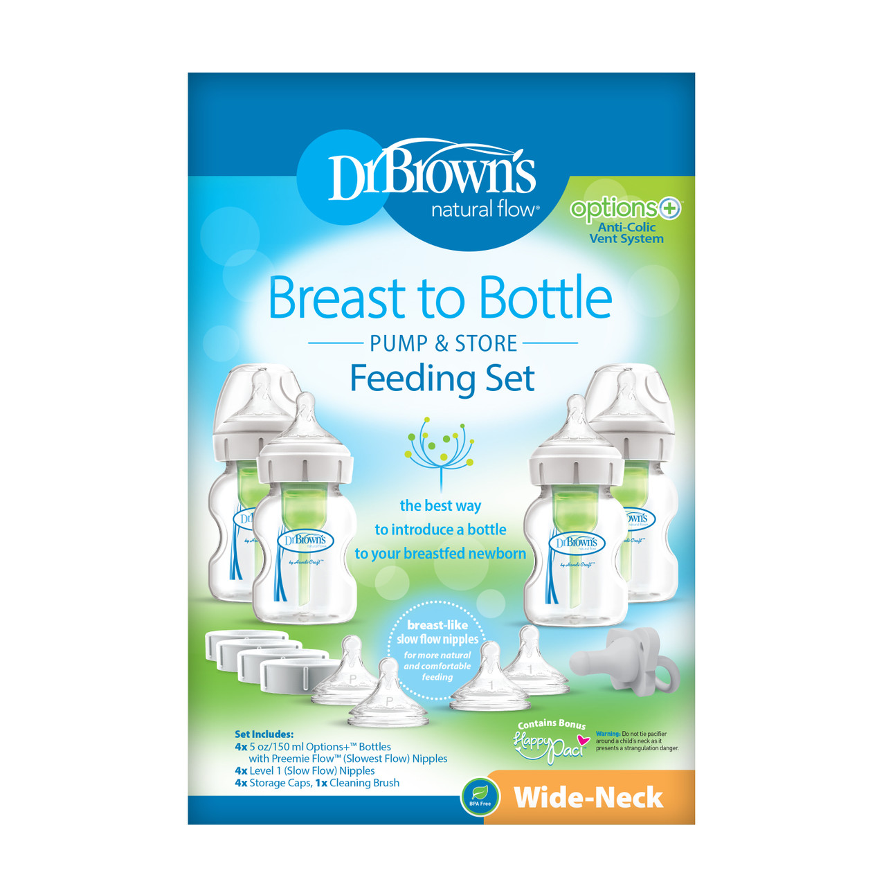 Dr. Brown s Natural Flow Anti-Colic Options+ Wide-Neck Baby Bottles 5  oz/150 mL with Level 1 Slow Flow Nipple 4 Pack 0m+ 5 oz 4 Pack