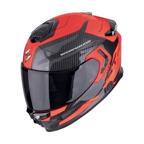 EXO-GT SP AIR FLEX BLACK/RED helmet, a high-performance motorcycle helmet with a sleek aerodynamic design, featuring a black and red color scheme with carbon fiber accents and a tinted visor.