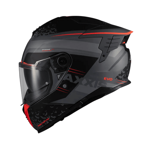 AXIS HAWK EVO SV DARK JUSTICE C1 Full Face Motorcycle Helmet, grey and red matte design with aerodynamic vents and visor.