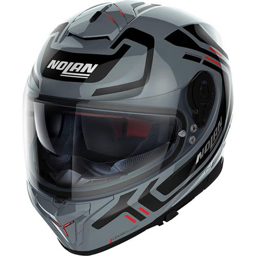 NOLAN N80-8 ALLY N-COM Slate Grey motorcycle helmet, full-face helmet with dark clear visor and modern design at Webbs Motorcycles.