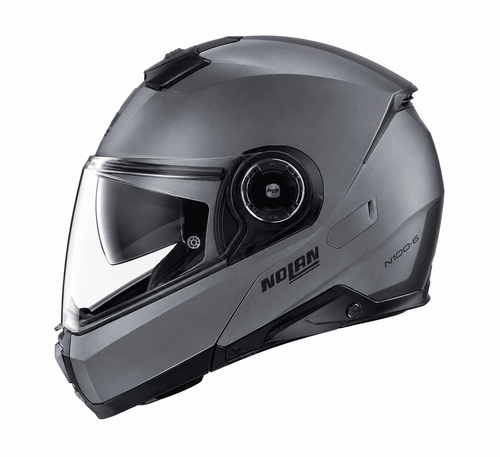 NOLAN N100-6 CLASSIC N-COM helmet, grey flip front motorcycle helmet with a clear visor and advanced safety features.