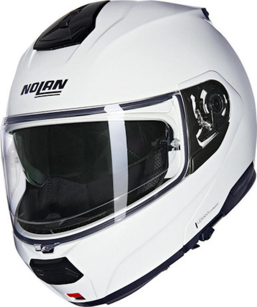 NOLAN N100-6 CLASSIC N-COM Gloss White Flip Front Helmet, a white motorcycle helmet with a clear visor and black accents.