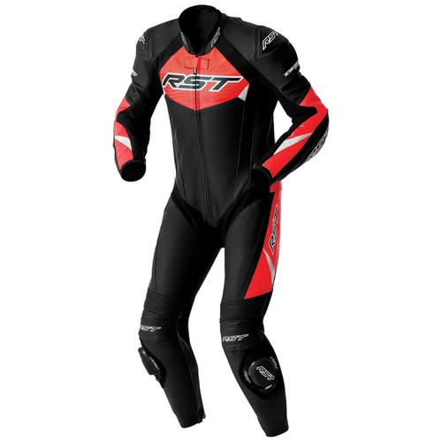 RST TRACTECH EVO D3O LEATHER SUIT BLACK/FLU/RED, black and red motorcycle leather suit with D3O protection, designed for racing and street riding, featuring the RST logo and enhanced safety features.