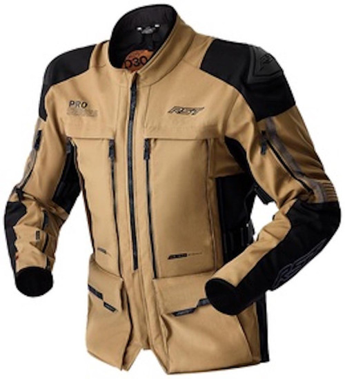 RST PRO SERIES ADVENTURE D3O TEXTILE JACKET SAND/BLACK, motorcycle textile jacket with protective padding, durable sand and black fabric design, ideal for adventure riding.