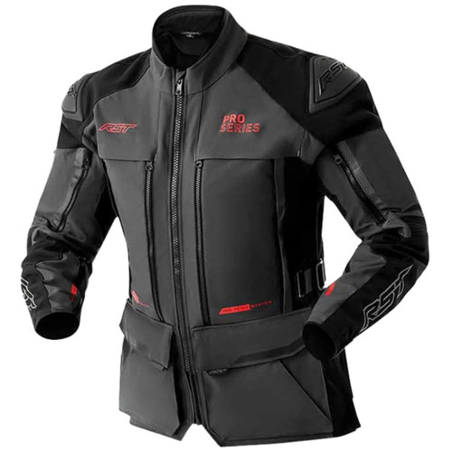 RST PRO SERIES ADVENTURE D3O TEXTILE JACKET GREY/BLACK, motorcycle textile jacket with protective armor, featuring multiple zippers, pockets, and a high collar for adventure riding.