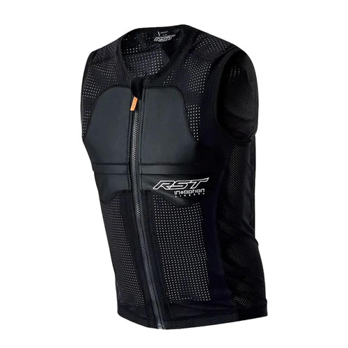 RST D3O ESSENTIAL AIRBAG VEST BLACK, black protective motorcycle airbag vest with zipper closure and perforated design for ventilation.