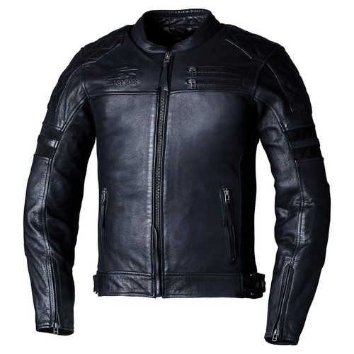 RST Hillberry D3O Leather Jacket Black, a stylish black leather motorcycle jacket with D3O protection, zippered pockets, and quilted shoulder panels.