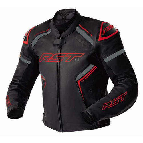 RST S1 D3O Leather Jacket Black/Grey/Red, black leather motorcycle jacket with red and grey accents and RST branding, designed for motorcycle riding.