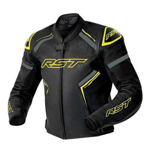 RST S1 D3O LEATHER JACKET BLACK/GREY/FLO YLW, black leather motorcycle jacket with yellow and grey accents, featuring the RST logo in yellow prominently displayed on the front and sleeves.