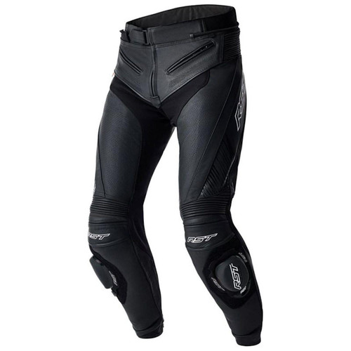 RST TRACTECH EVO D3O LEATHER PANTS BLACK / WHITE, motorcycle riding pants with protective armor, zipper details, and ergonomic design for safety and comfort.